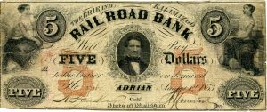 The center portrait is U.S. President Franklin Pierce. On March 26, 1835, the Territory of Michigan authorized the Erie and Kalamazoo Railroad Company to establish a bank at the village of Adrian. The bank failed around 1841 and reopened in 1853 then failed again in 1854