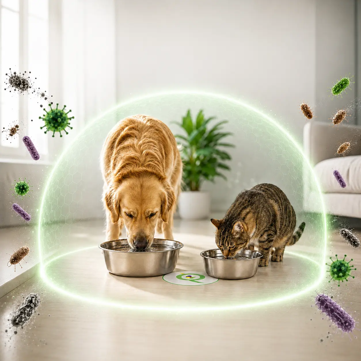 Cane e gatto bevono dalle loro ciotole nell'area protetta dal Q-Semi Vitality