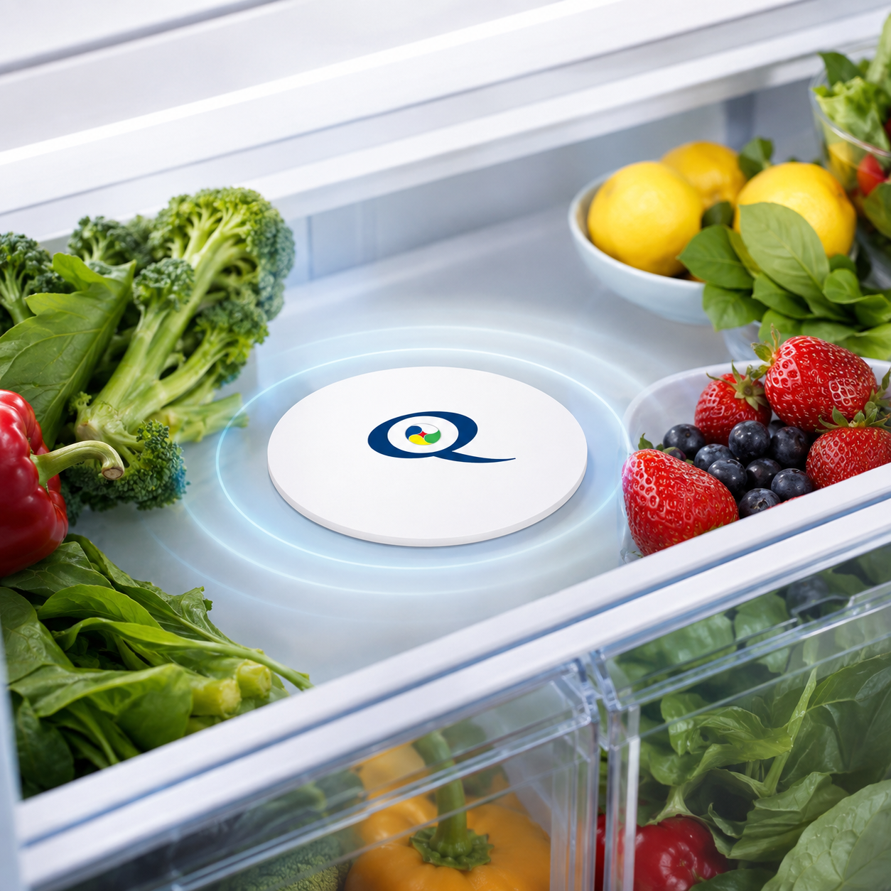 Q-Food nel frigorifero accanto a verdure e frutti