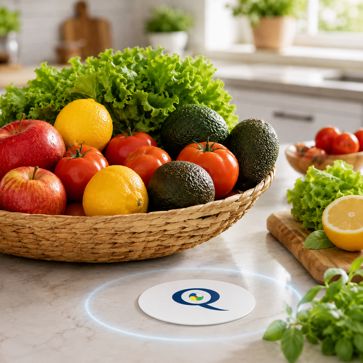 Q-Food su piano cucina accanto a cesto di frutta e verdura