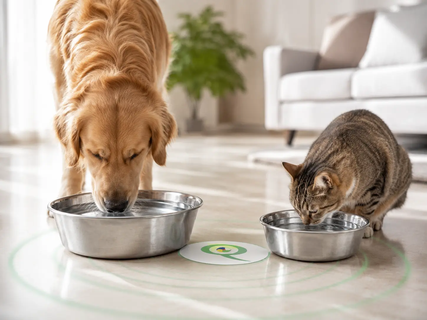 Cane e gatto bevono, Q-Semi Vitality posizionato tra le due ciotole