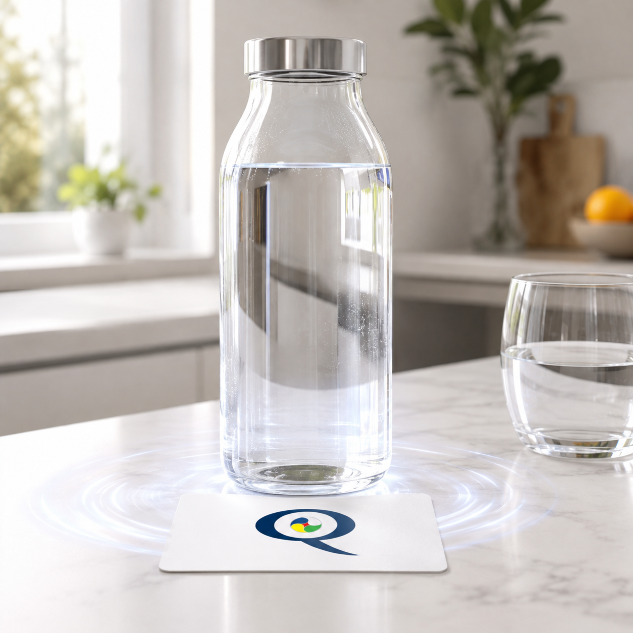 Q-Card Bianca sotto la bottiglia d'acqua sul piano di lavoro