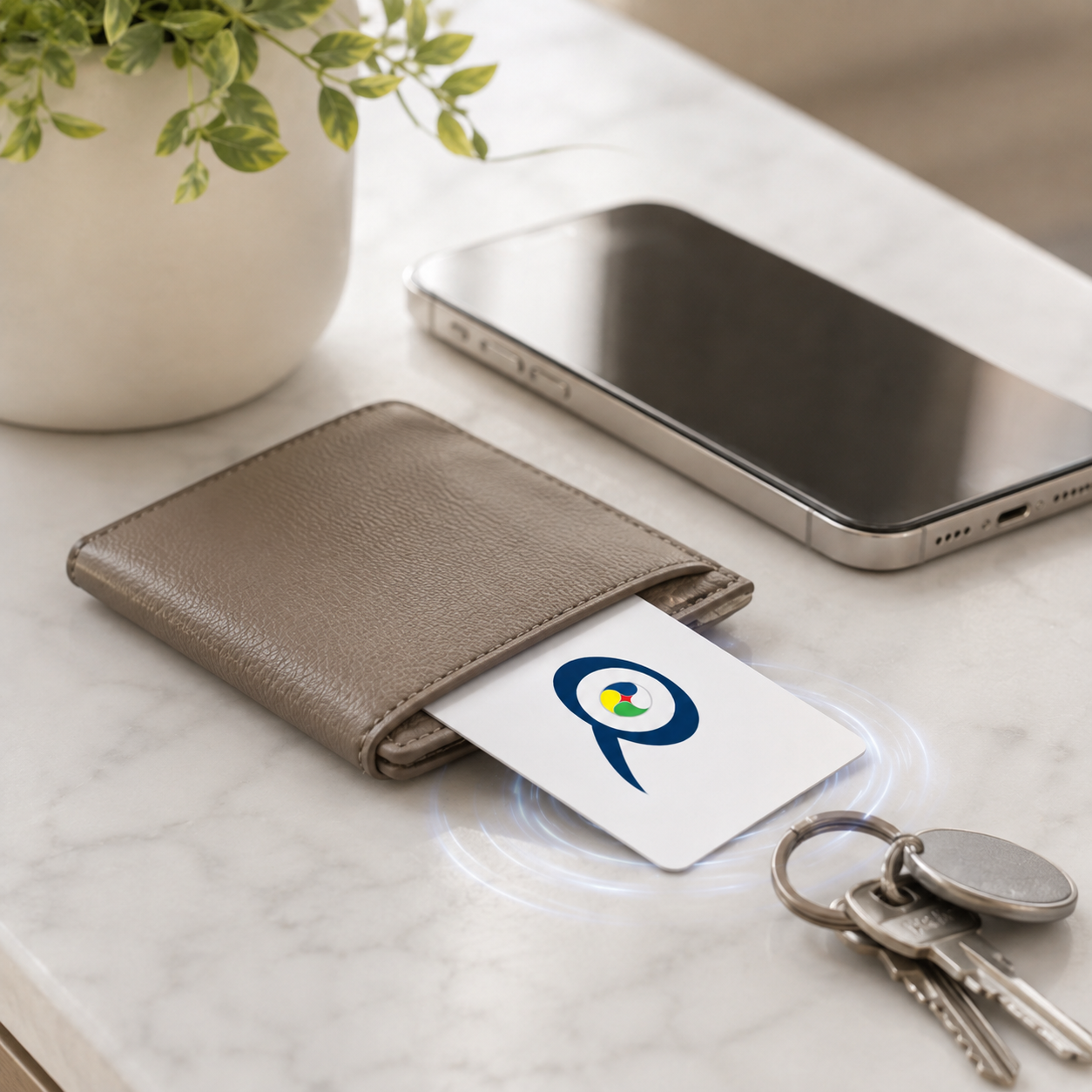 Q-Card Bianca nel portafoglio — pronta per informare l'acqua fuori casa