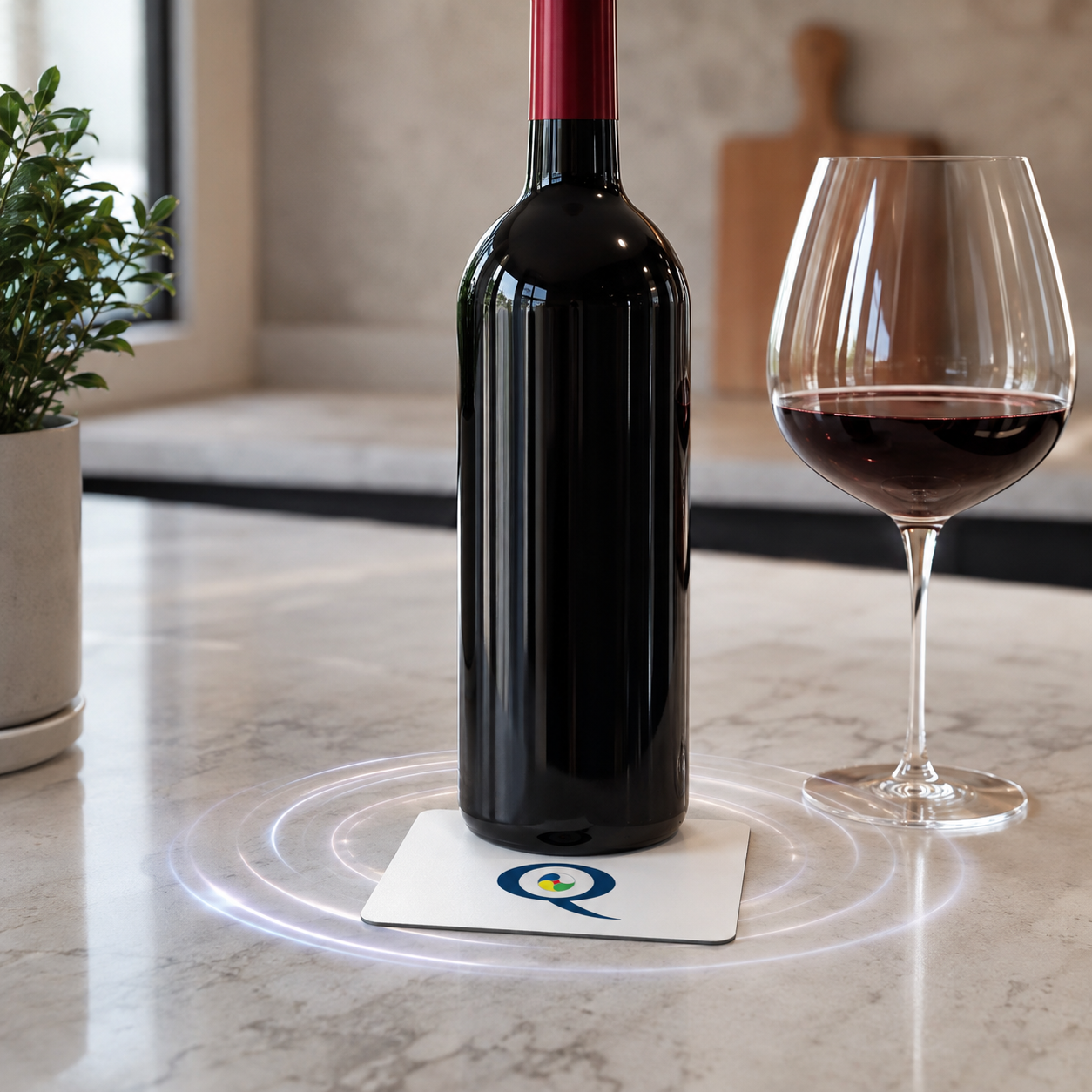 Q-Card Bianca sotto la bottiglia di vino per ossigenazione