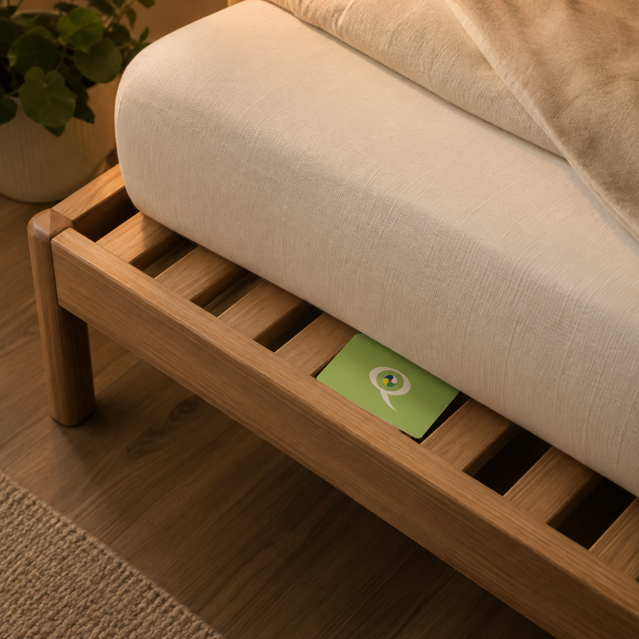 Dettaglio Q-Card Verde posizionata sulla struttura del letto — installazione permanente