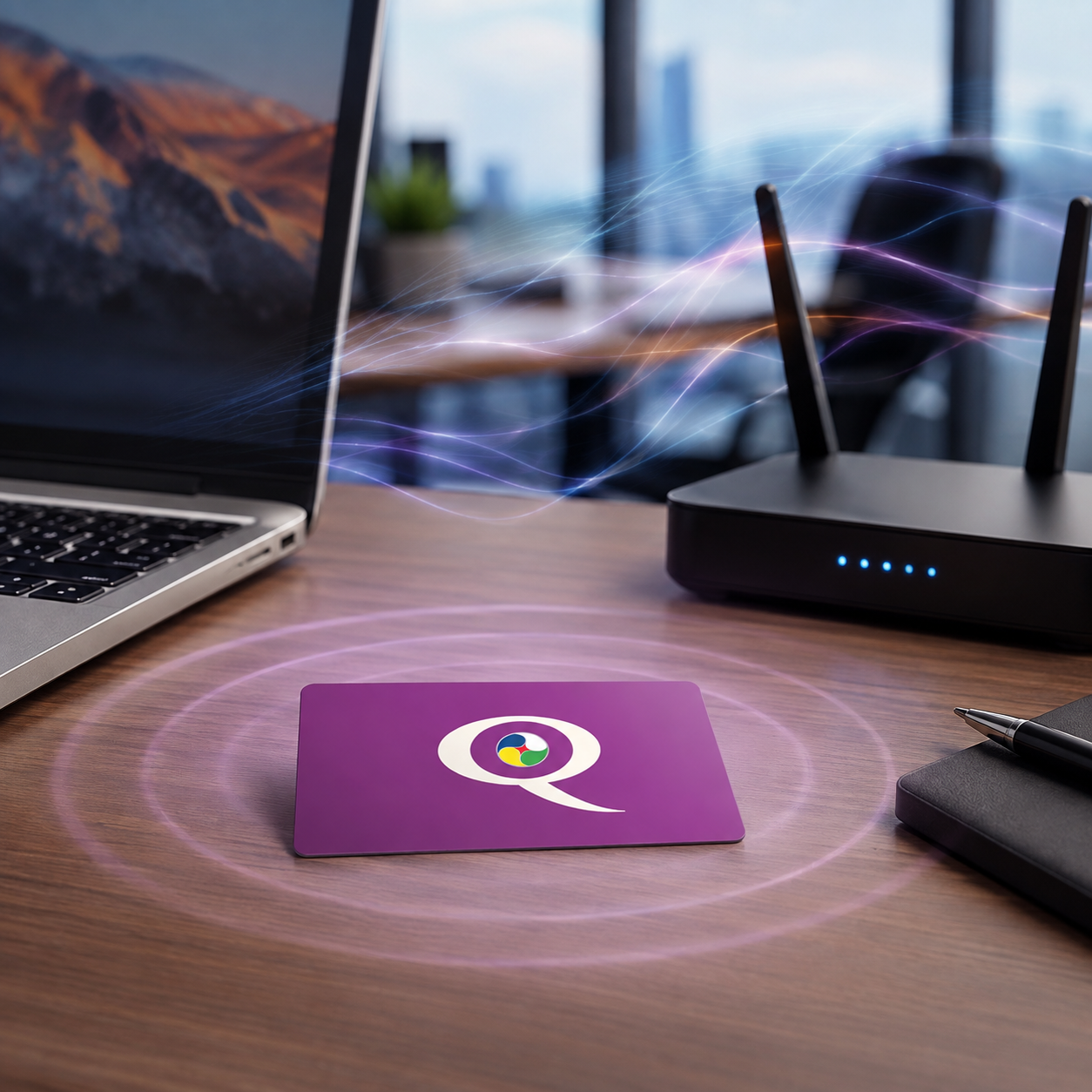 Q-Card Viola sulla scrivania accanto al laptop e al router WiFi