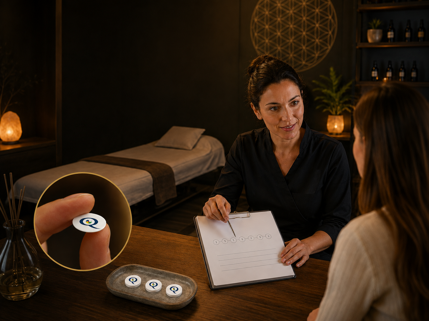 Operatrice olistica che illustra a un cliente il percorso di sedute