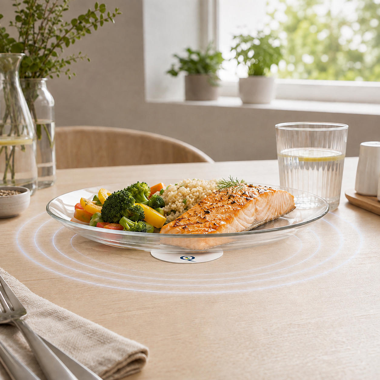 Q-Food sotto il piatto a tavola con salmone e verdure